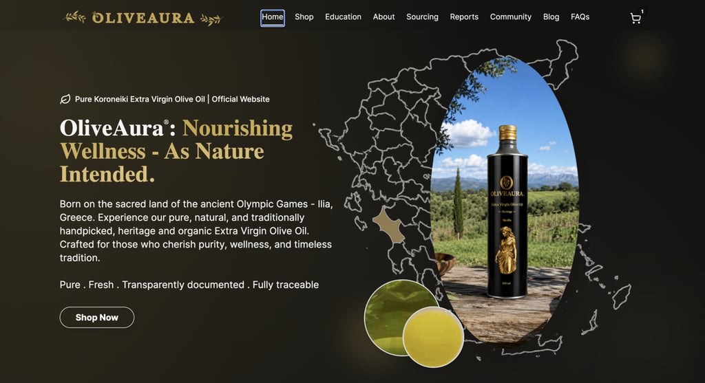 OliveAura's website home page
