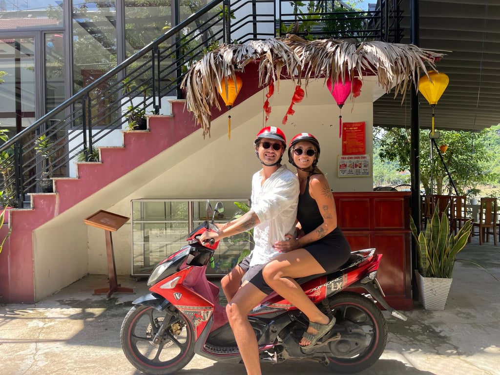 Oliver and Carae on a motorcycle