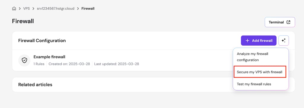 "Secure my VPS with firewall" Nudge option on hPanel's VPS dashboard