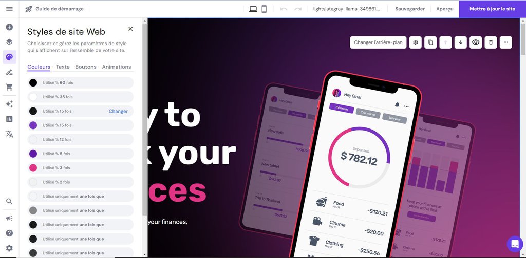 Menu des styles de site Web ouvert dans le créateur de sites d'Hostinger