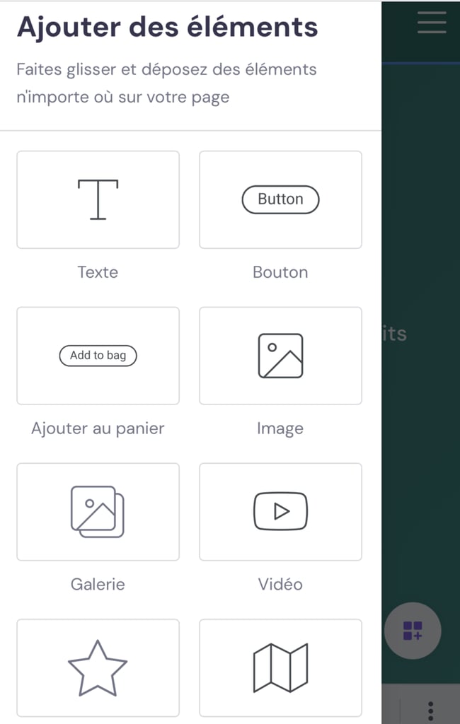 Options de modification des éléments dans le menu latéral