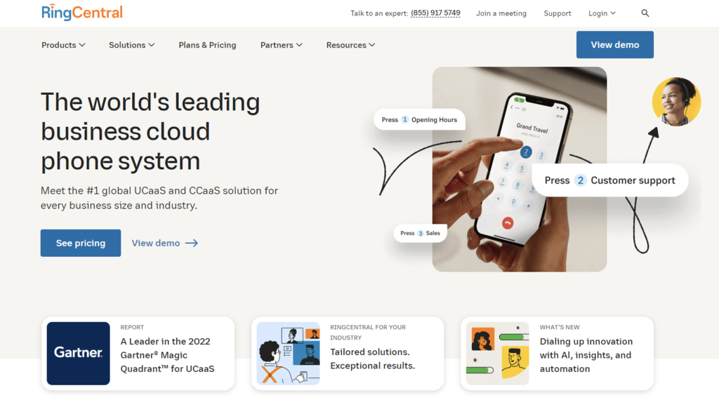 Page d’accueil de RingCentral