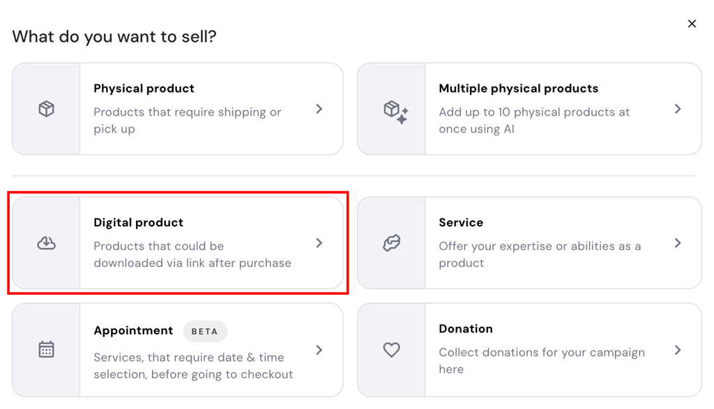 Hostinger eCommerce add products page highlighting digital product option