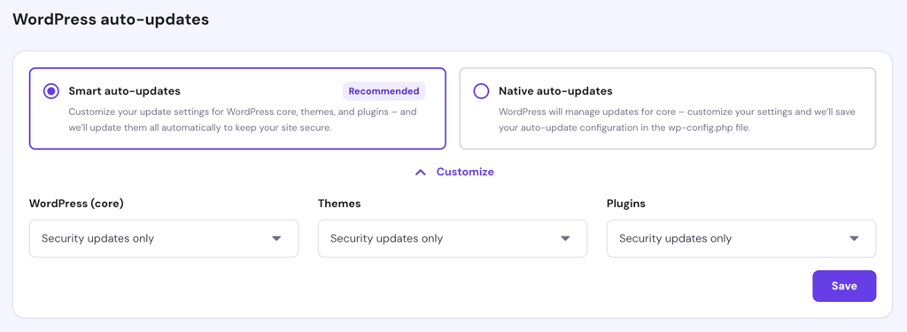 Hostinger's WordPress auto-updates feature with smart auto-updates and security updates only enabled