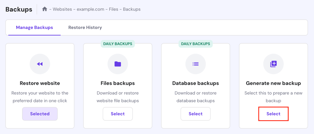The Select button in the Generate new backup section of hPanel.