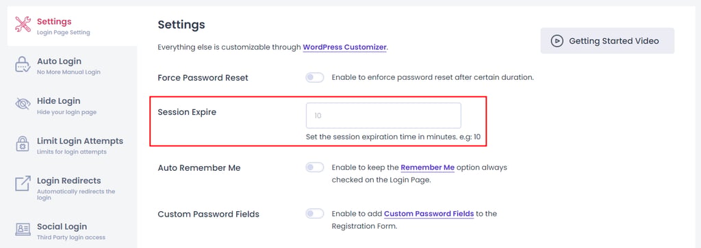 Setting session expiration time using the LoginPress plugin