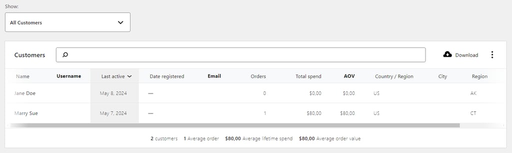 WooCommerce customers section