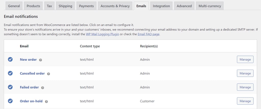 WooCommerce emails settings