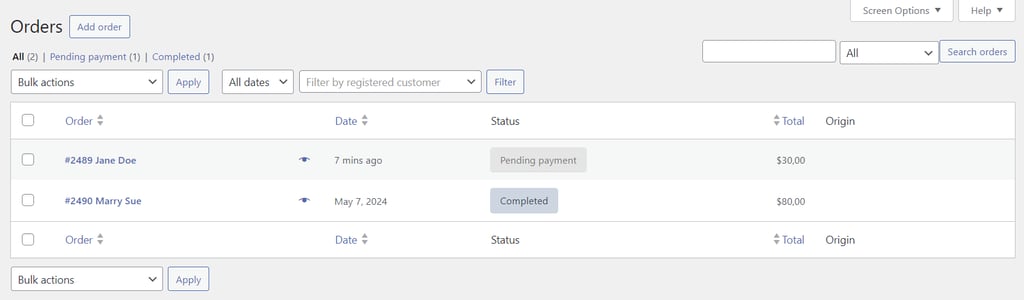 WooCommerce orders section