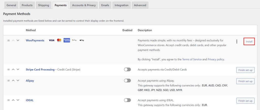 WooCommerce payment methods, highlighting the button to install WooPayments
