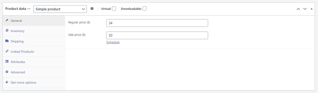 Product data section in Hostinger's WooCommerce product page creation form