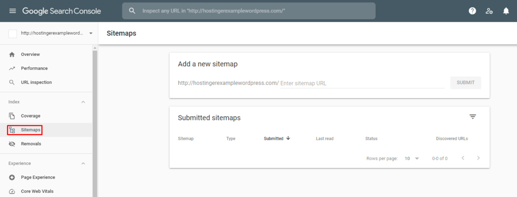 Google Search Console interface showing the "Sitemaps" section in a red rectangle with an option to add a new sitemap at the top.