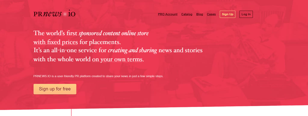PRNEWS.IO landing page with red background showcasing services of its user-friendly platform for creating and sharing sponsored news content