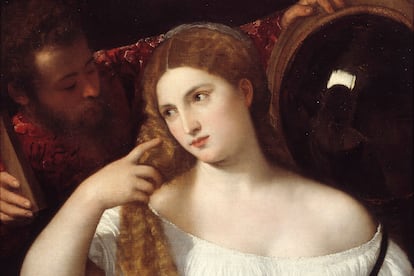 'Mujer ante el espejo' ('Donna allo specchio', Museo del Louvre), de Tiziano Velicello, fechado alrededor de 1512-1515.