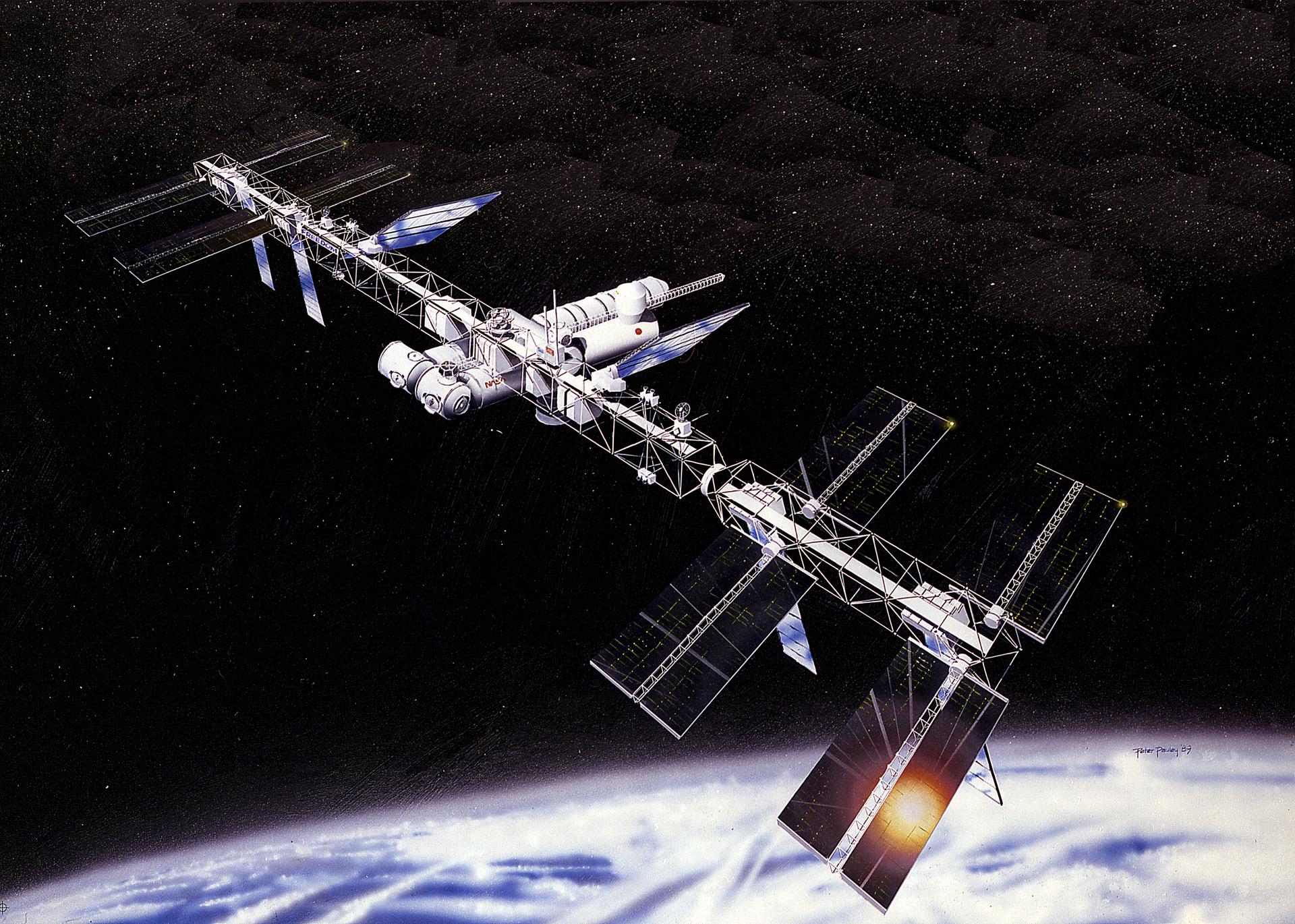 Illustration of the baseline configuration of a proposed space station in the 1980s