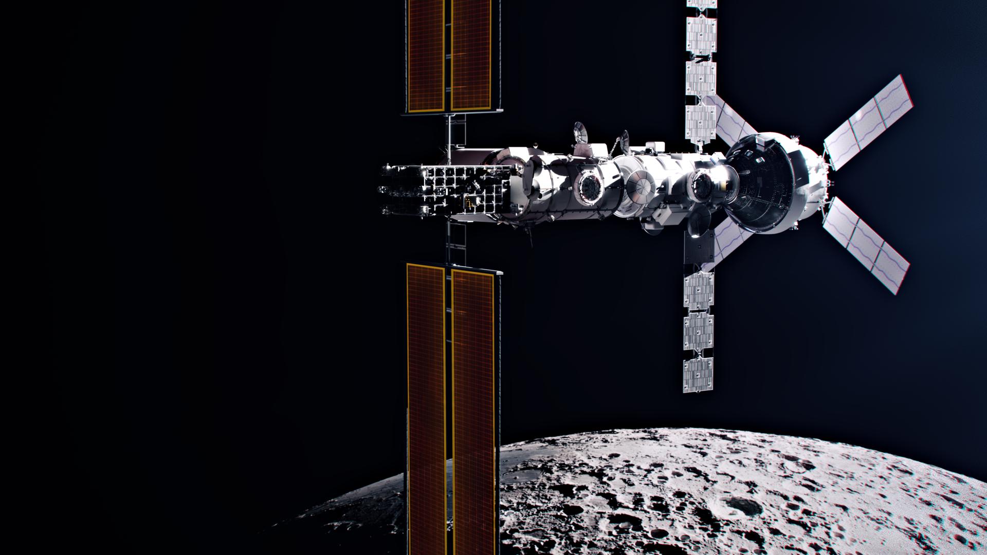 Artist's concept of NASA's Gateway space station orbiting the Moon. The illustration showcases the station's modular structure, including solar arrays extending from either side and various interconnected modules forming the core of the station.