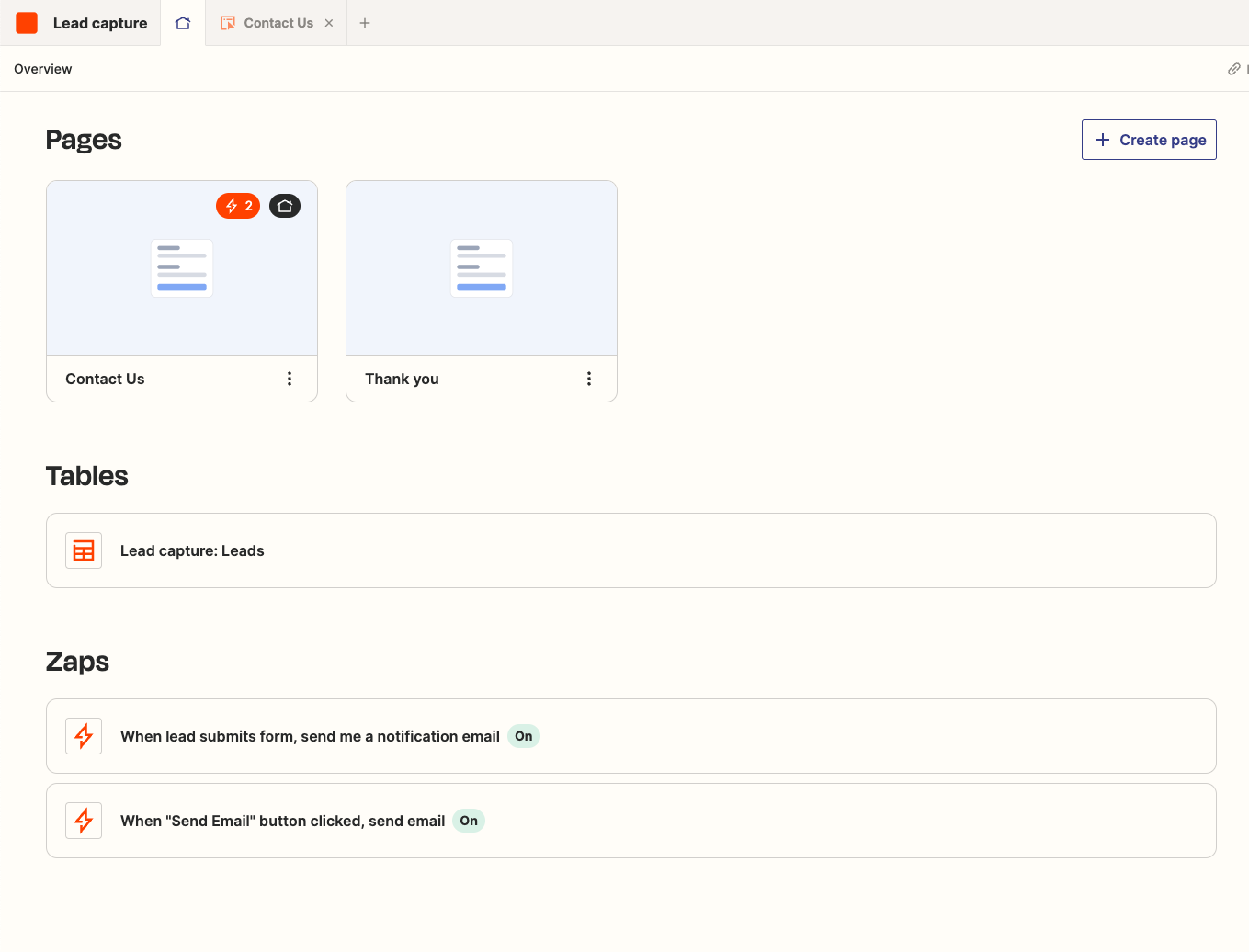 Lead capture template connected Zaps and Tables