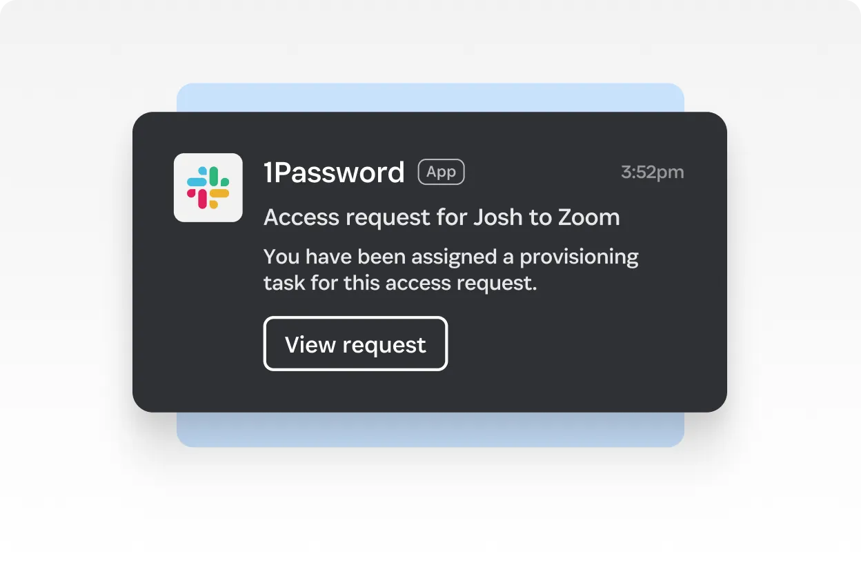 Slack-Benachrichtigung von Trelica, die einen Beauftragten über eine Zoom-Zugriffsanfrage informiert, die noch bereitgestellt werden muss