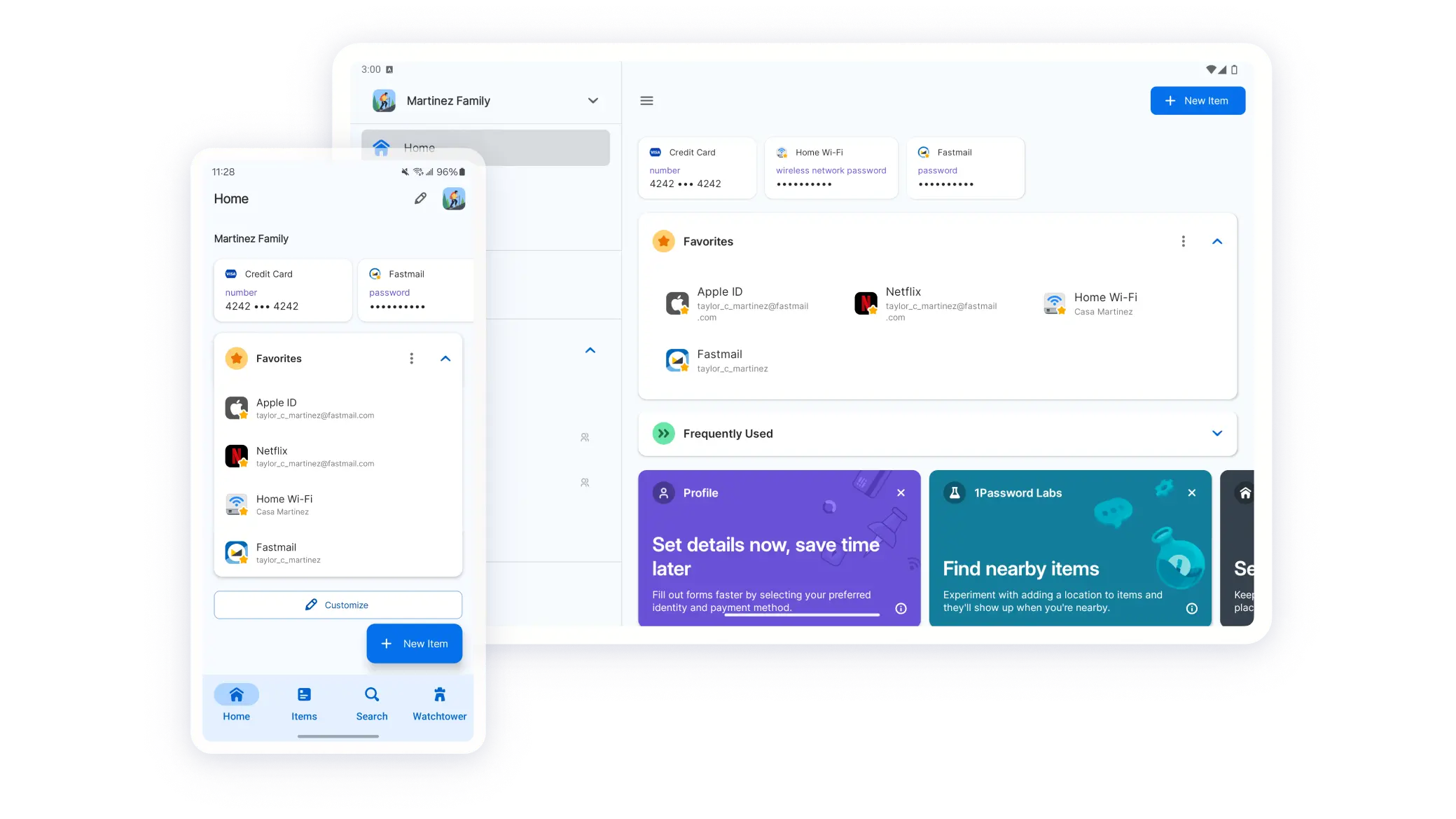 手機和平板電腦上均顯示 1Password 應用程式。手機顯示「主頁」螢幕畫面,其中包含密碼、信用卡和 Wi-Fi 資訊等已儲存的資料。下方列出了 Netflix 等「我的最愛」。平板電腦顯示相同的主頁畫面,以及一個「常用項目」的索引標籤,與選擇預設設定檔以加快自動填寫的選項。