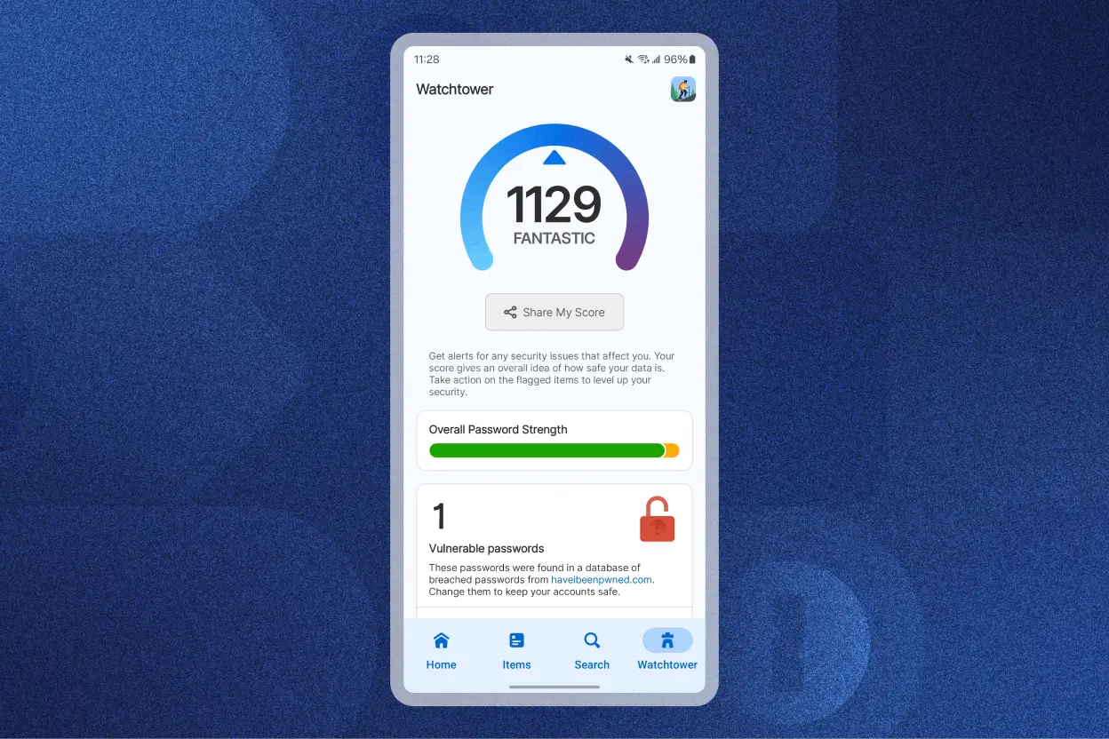 1Password 應用程式展示 Watchtower 功能,用於提供安全警報。安全評分為 1129,標記為「非常棒」。畫面顯示整體密碼強度,以及一個可被更換的弱密碼。