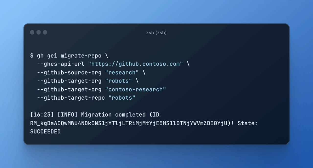 Command line showing completed migration