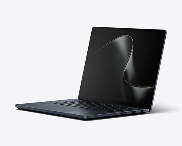 Black laptop with a glossy abstract swirl displayed on a high‑contrast screen, viewed front-on against a light background.