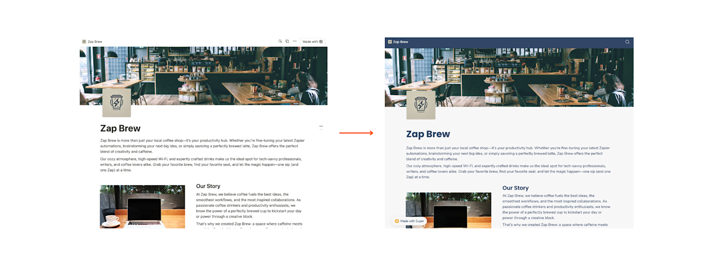 A look at a published Notion website before and after using Super.