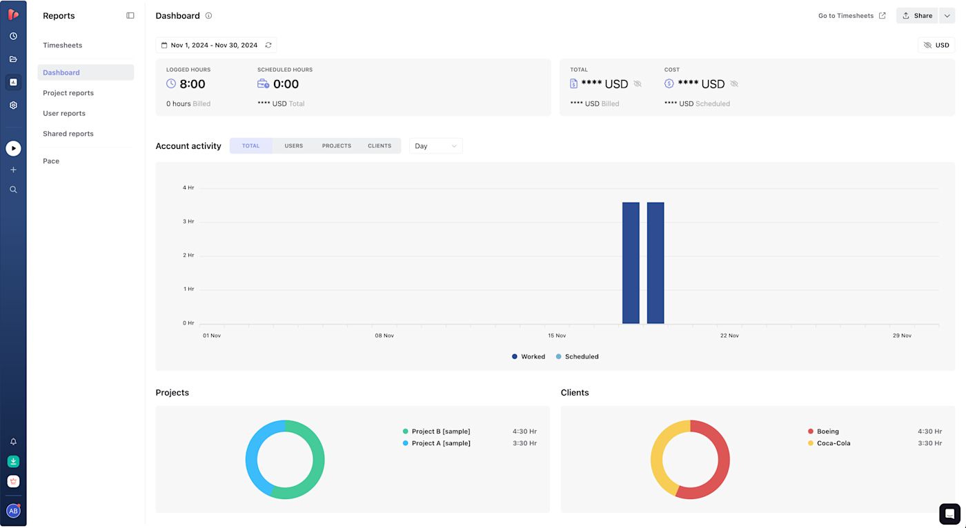 Screenshot of the TrackingTime dashboard in a calendar view with insights on the right-hand side