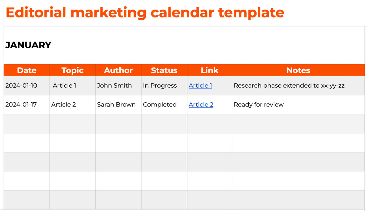 Screenshot of editorial marketing calendar template with two rows filled in.