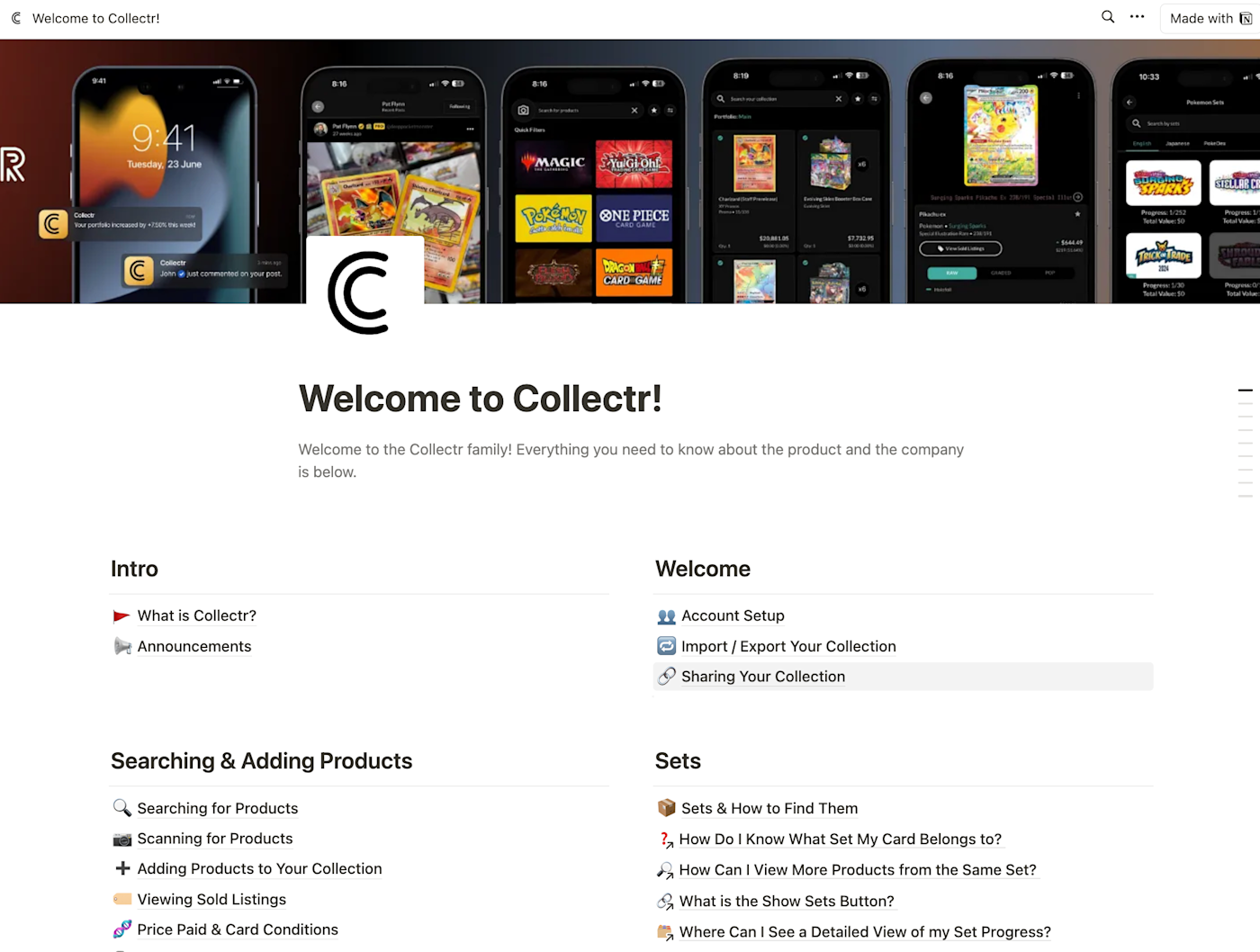 Screenshot of Collectr's Notion website.