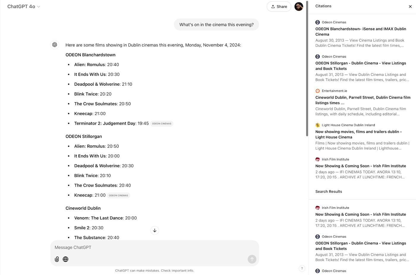 ChatGPT showing local showtimes