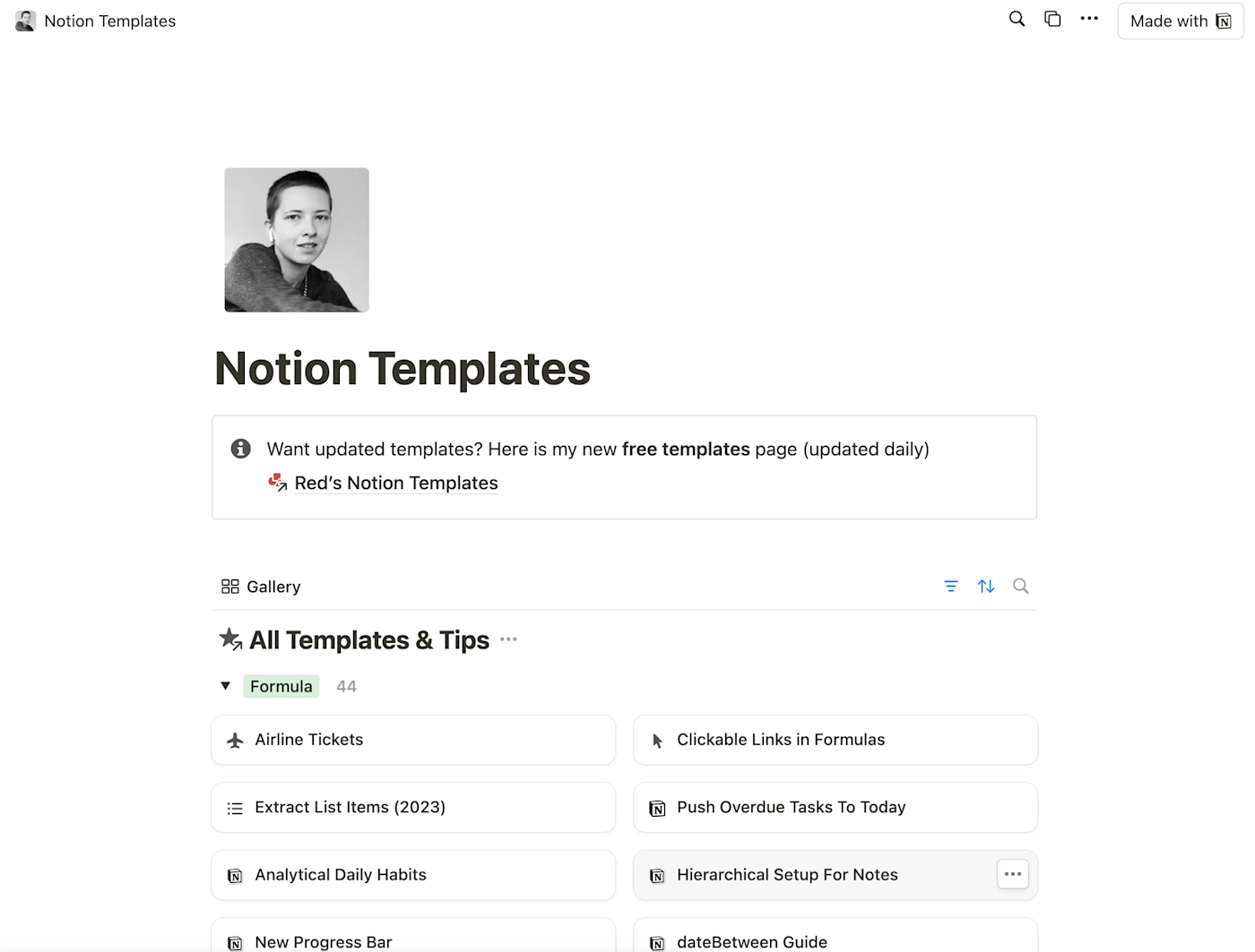 Screenshot of a Notion Templates website by Red Gregory.