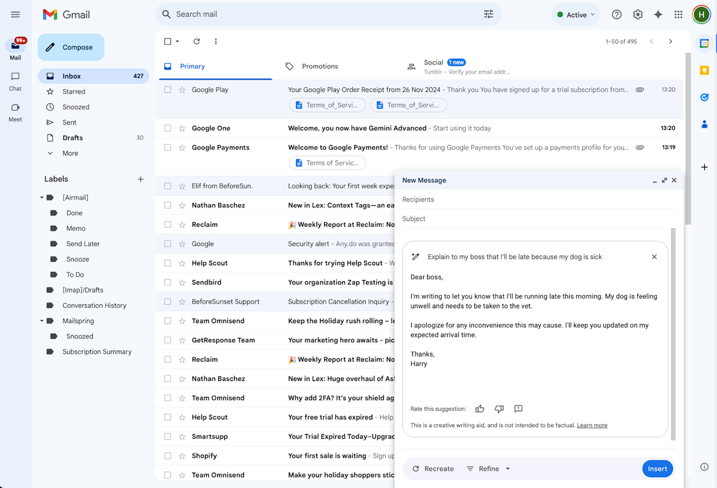 Gmail web app on a Mac with Gemini working in an email