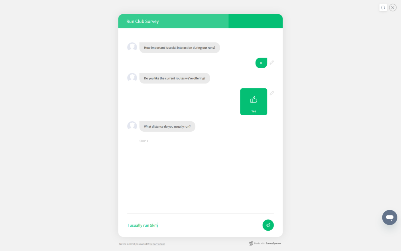 SurveySparrow, our pick for the best survey app for chatbot style surveys