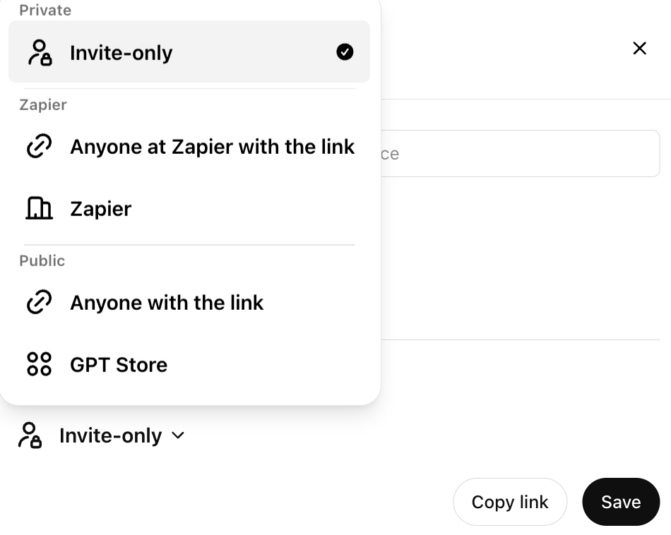 Expanded view of the share dropdown for a custom GPT. 