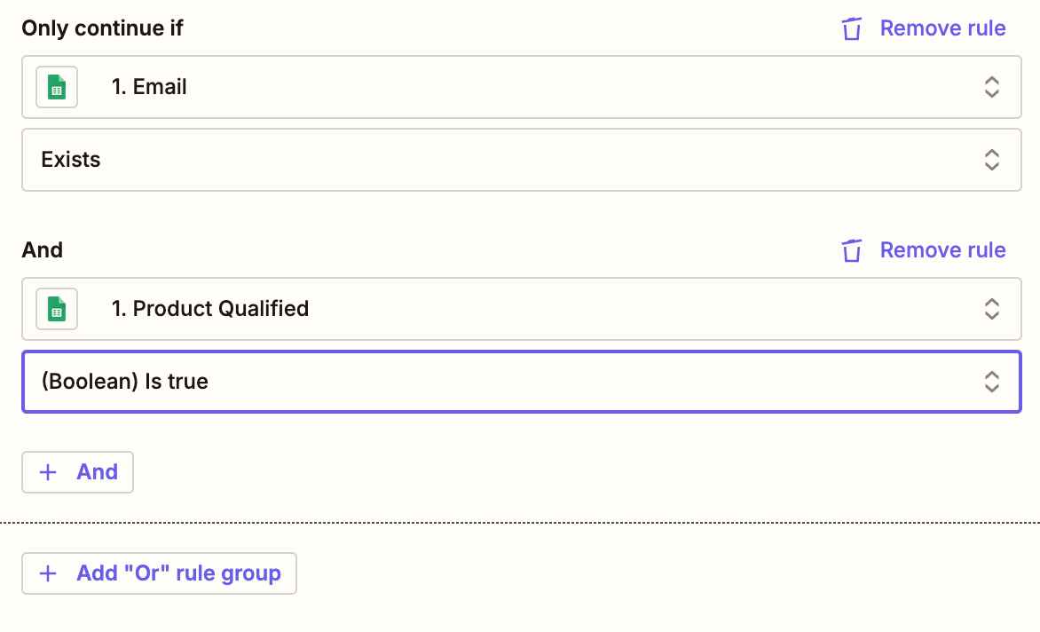 A set of filter fields under the heading "Only continue if..."