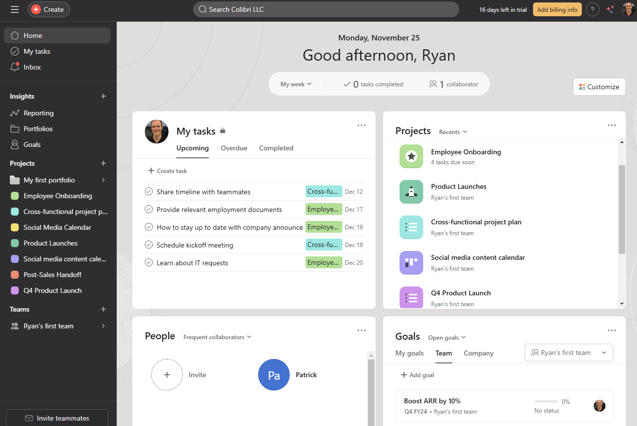 Asana vs. ClickUp: Asana's intuitive home screen