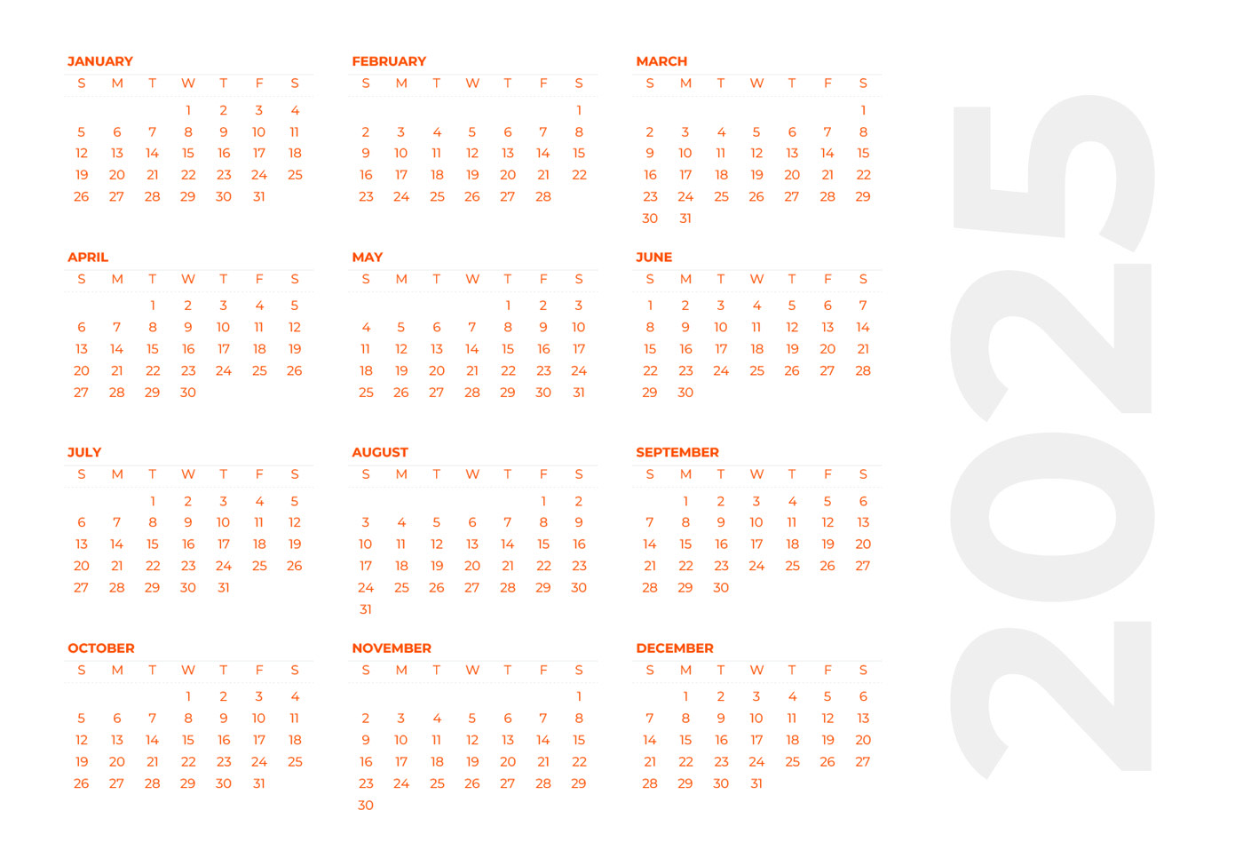 Screenshot of an annual marketing calendar template for 2025.