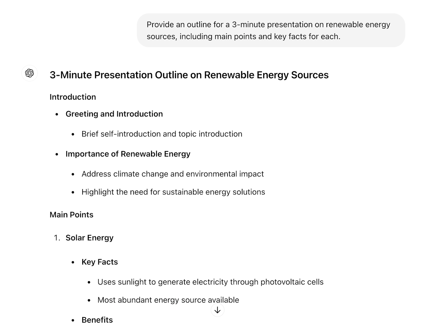 Conversation with ChatGPT. The prompt tells ChatGPT to output a presentation outline.