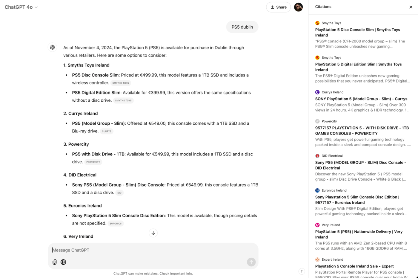 ChatGPT showing local places to buy a PS5