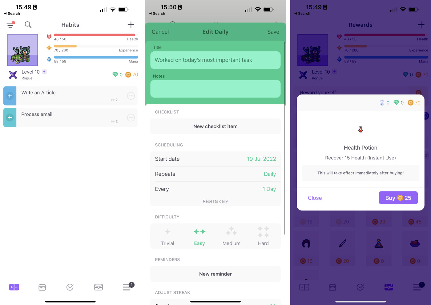 Habitica, our pick for the best productivity app for building habits. 