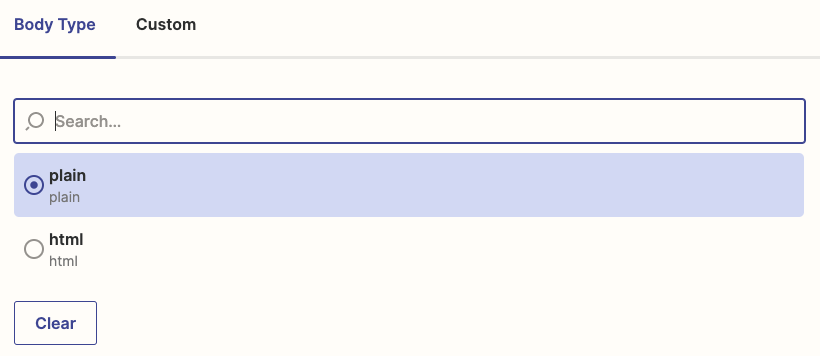A screenshot of the email body type options in the Zap Editor.