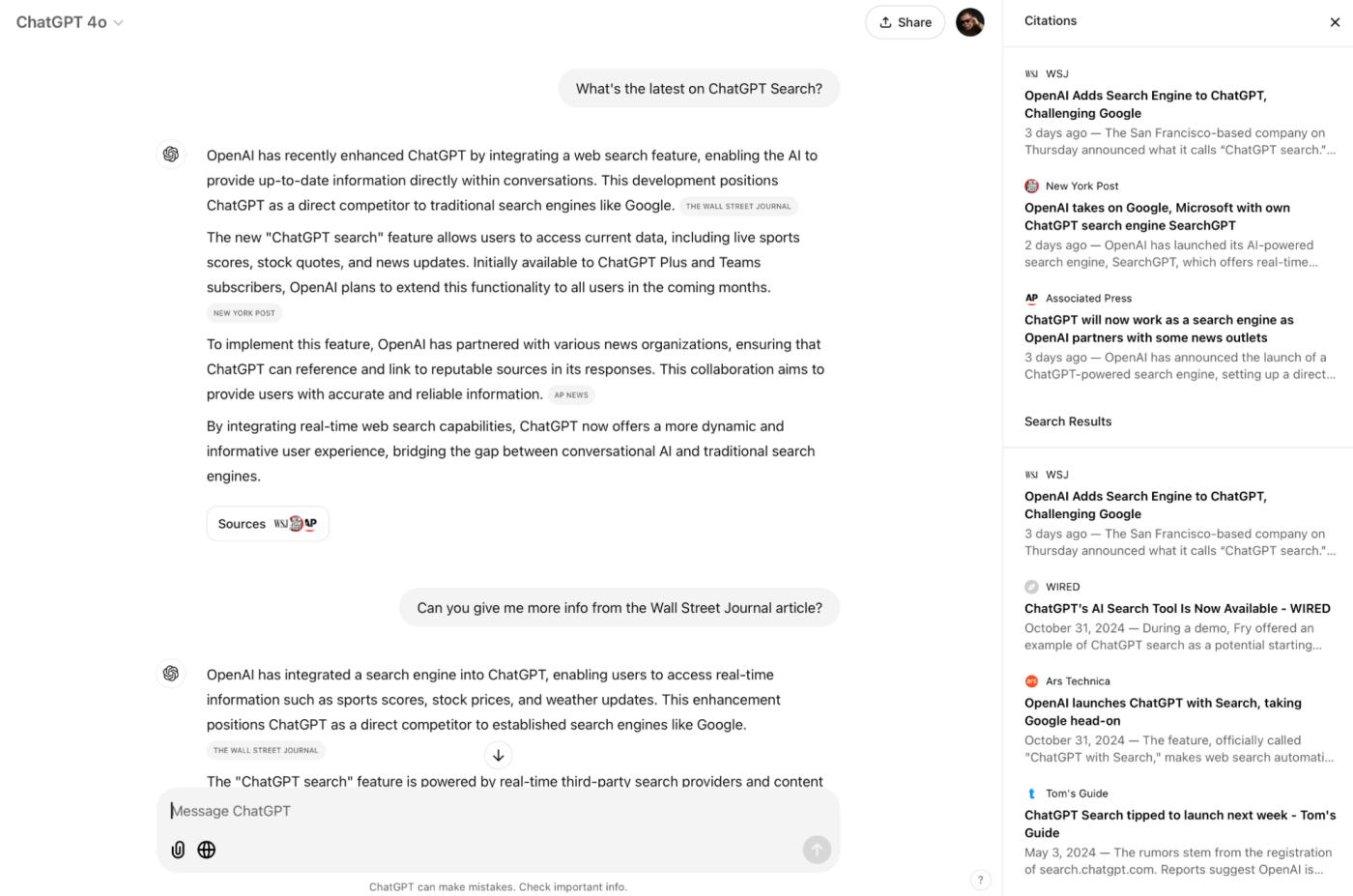 ChatGPT search answering questions about recent events