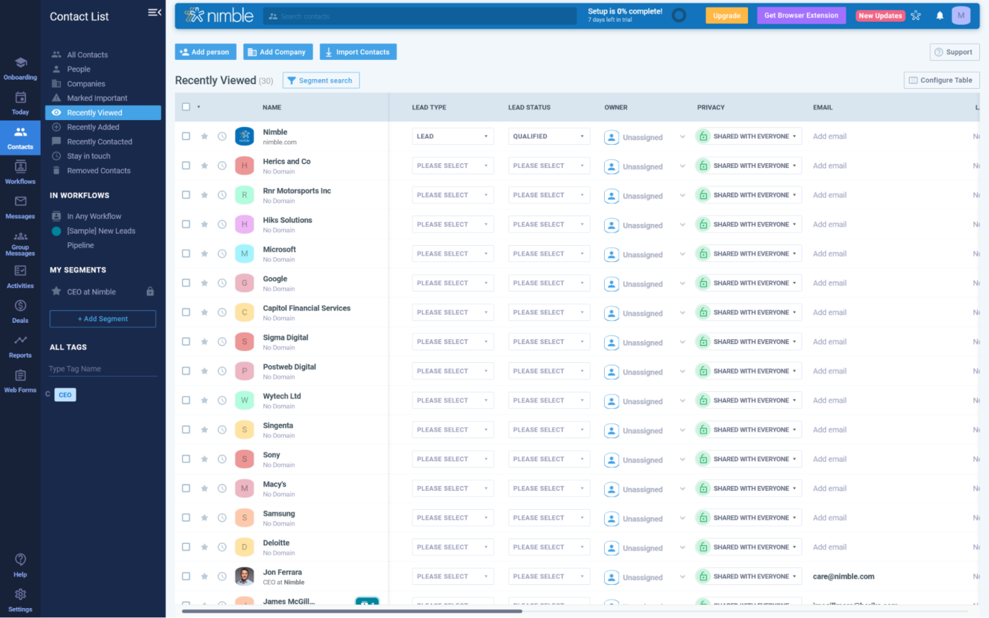 A screenshot of Nimble, our pick for the best CRM for customer prospecting