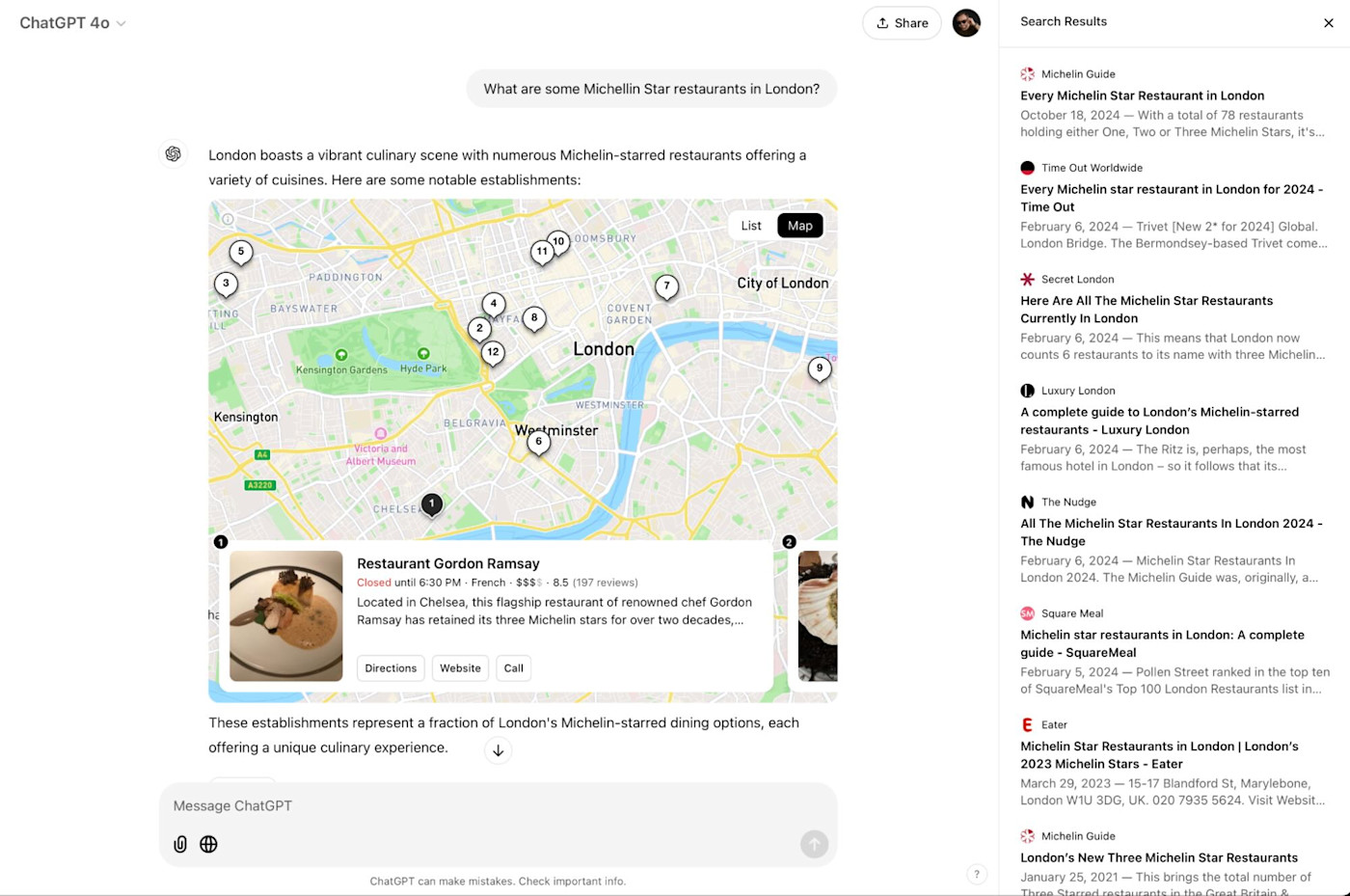 ChatGPT search showing local restaurants on a map