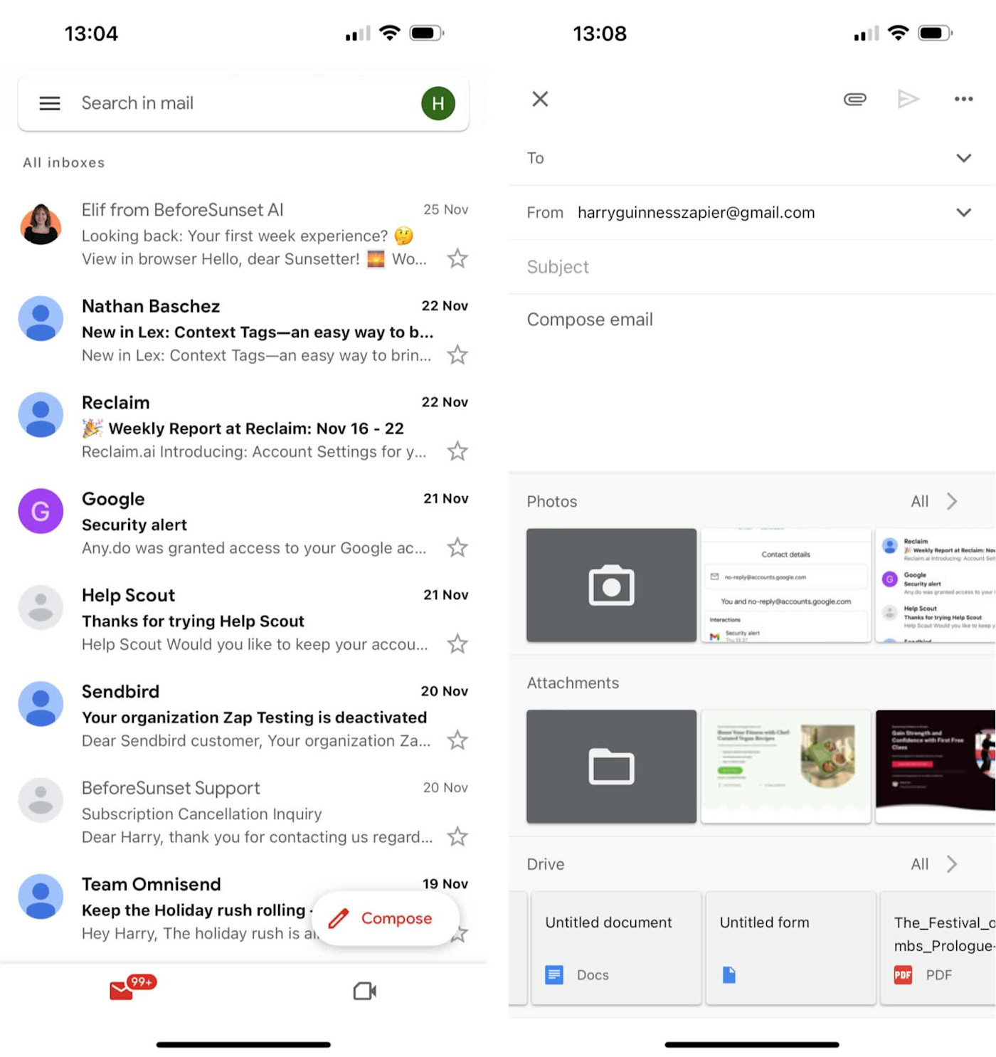 Gmail app on the iPhone with easy links to Google Docs