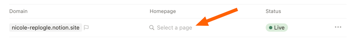 Screenshot showing where and how to choose a homepage for your Notion site.