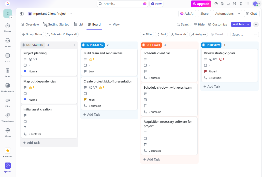 Asana vs. ClickUp board view: ClickUp cross-functional project plan