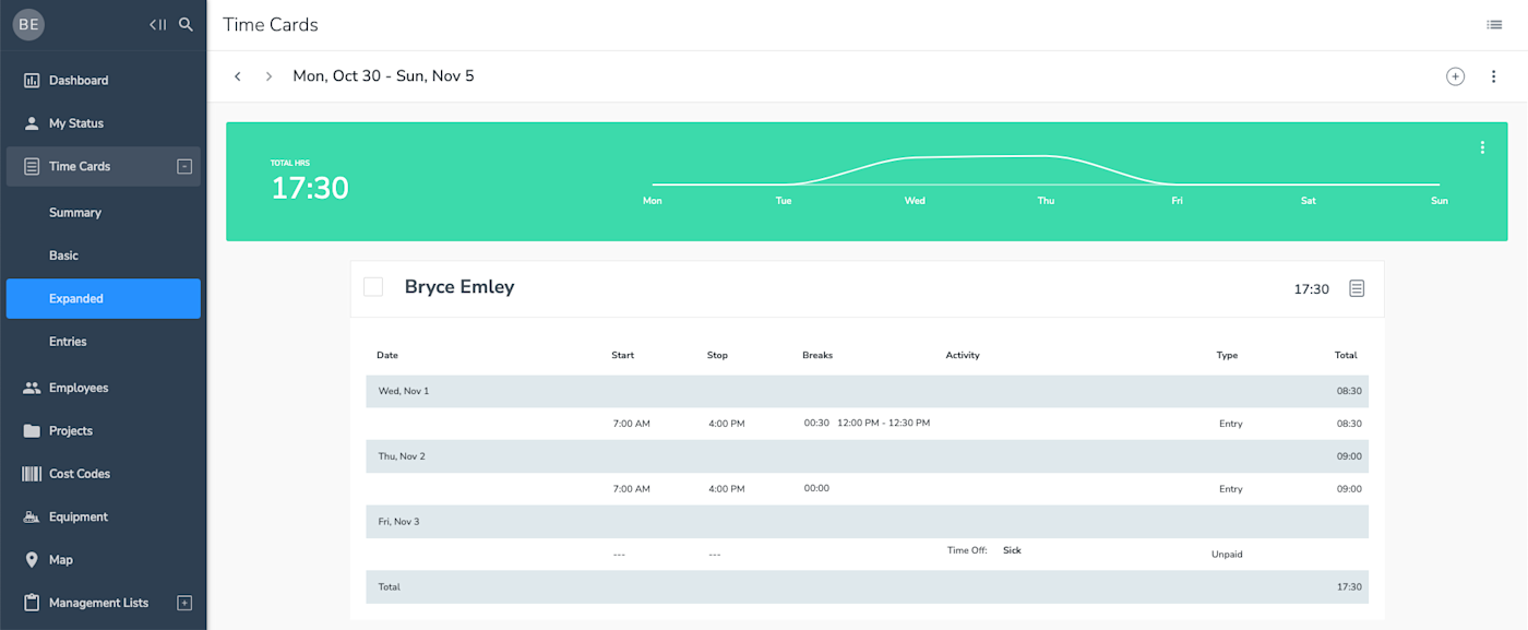 Screenshot of the time cards feature in the busybusy dashboard, showing start and stop times, breaks, activities, and more for each day