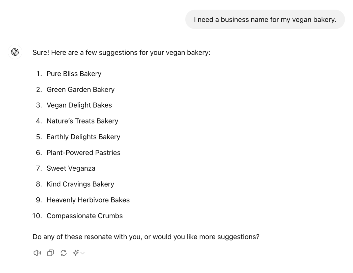 Conversation with ChatGPT showing a list of suggested names for a vegan bakery. 